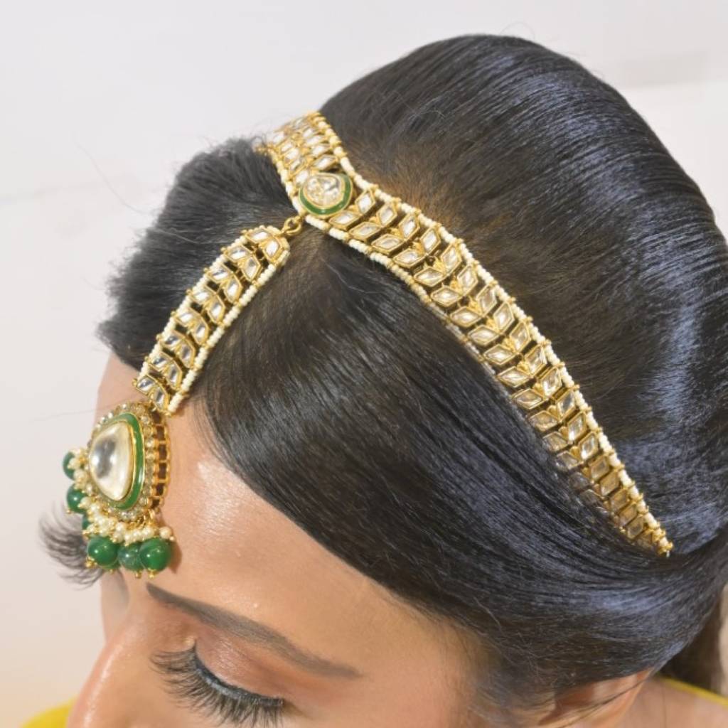 Dulhan Polki Emerald Drop Maangtika With Mathapatti : HAIR0002
