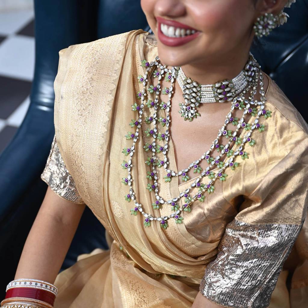 Pearl Twirl Full Set With Long Necklace, Choker, Earrings, Maangtikka, Bracelet, Ring & Waistbelt : ACFS502