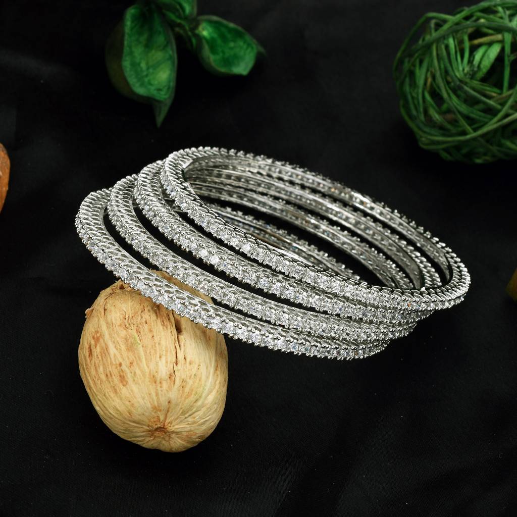 Single Line Silver Plated  Zircon Bangles : PJBANWHCZ41