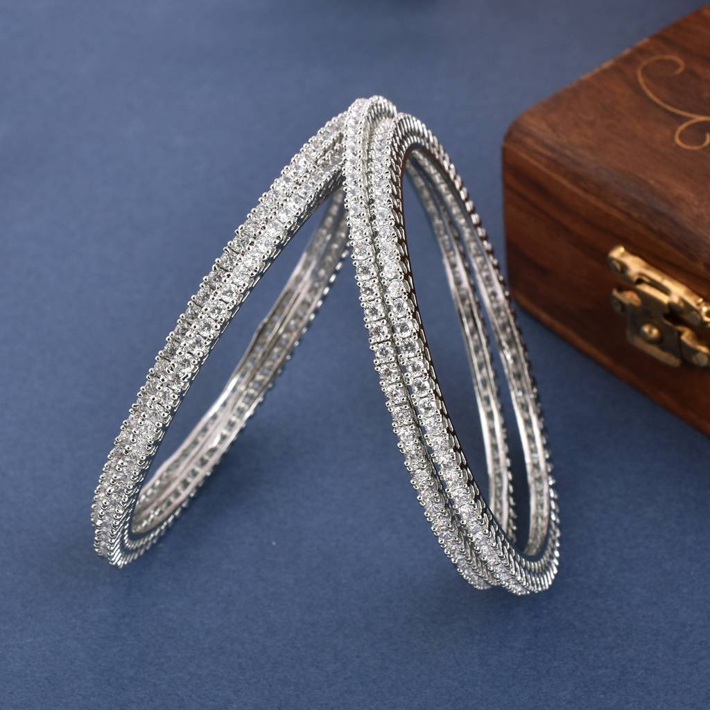 Single Line Silver Plated  Zircon Bangles : PJBANWHCZ41