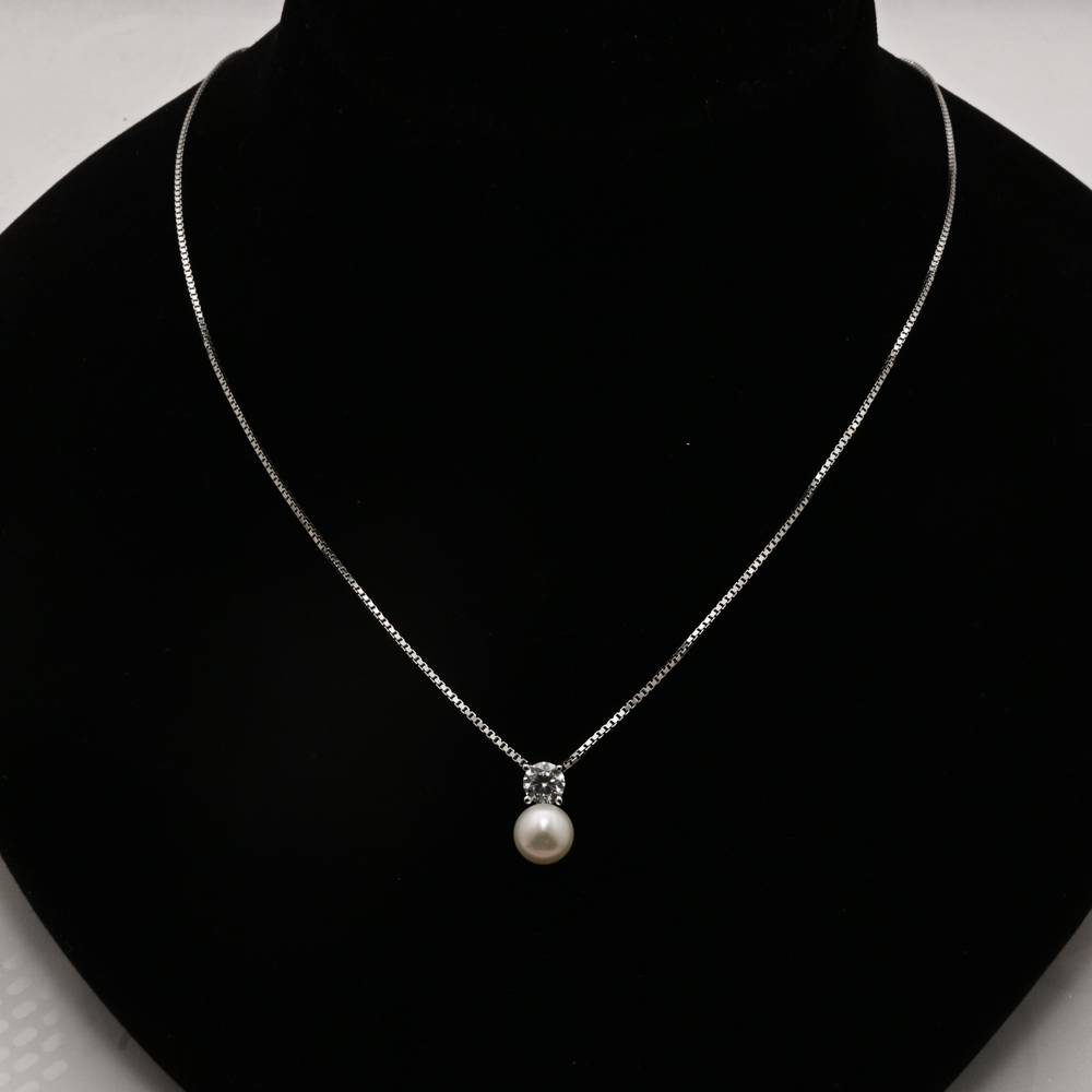 925 Pure Silver Pearl Zircon Studded Chain Pendant Set-Cps1029 : CPS1029