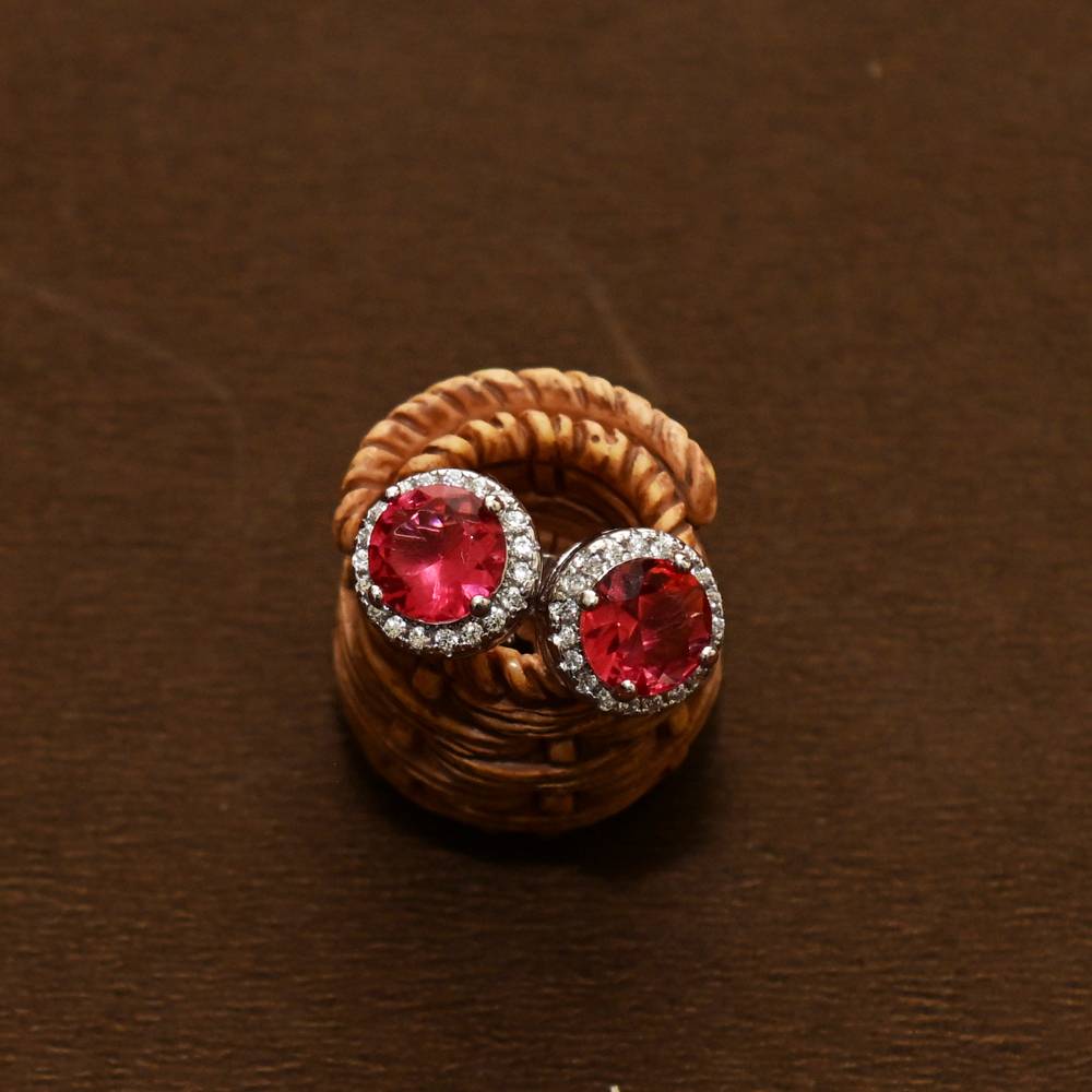 925 Pure Silver Zircon Studded Red Stone Stud Earrings-Twp1266 : TWP1266