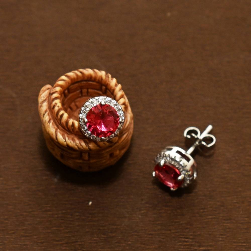 925 Pure Silver Zircon Studded Red Stone Stud Earrings-Twp1266 : TWP1266