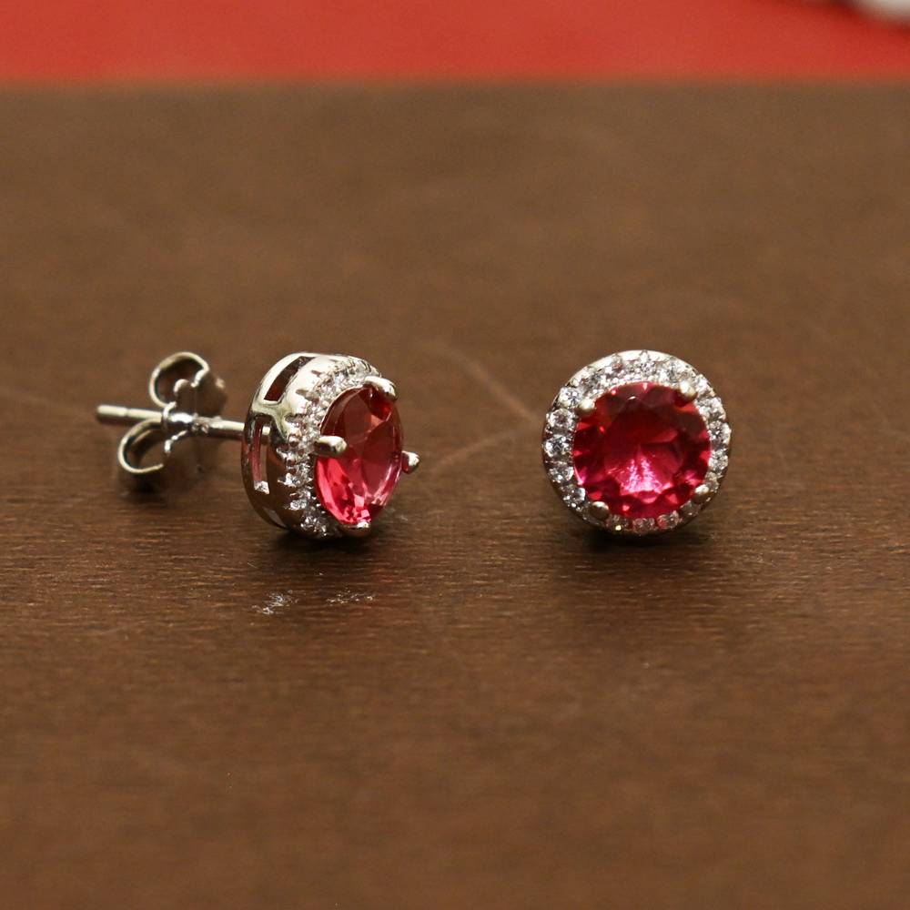 925 Pure Silver Zircon Studded Red Stone Stud Earrings-Twp1266 : TWP1266