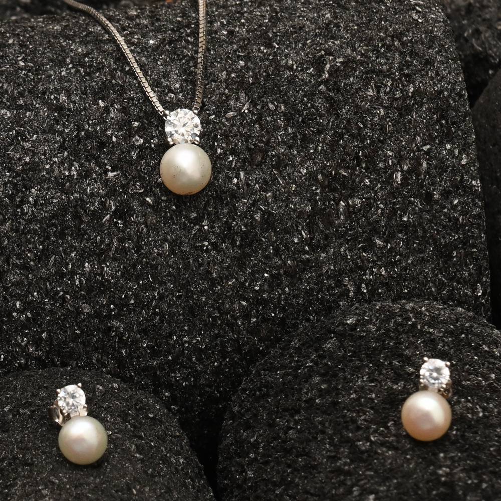 925 Pure Silver Pearl Zircon Studded Chain Pendant Set-Cps1029 : CPS1029