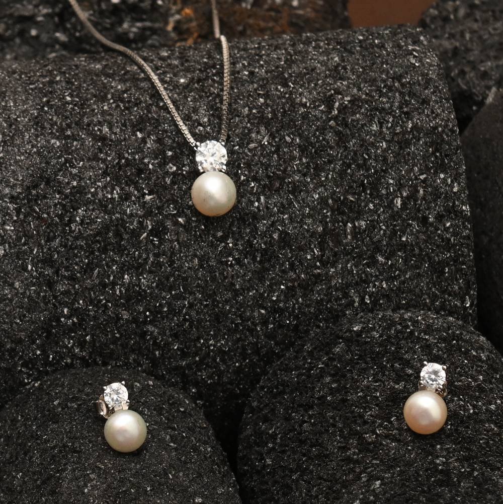 925 Pure Silver Pearl Zircon Studded Chain Pendant Set-Cps1029 : CPS1029