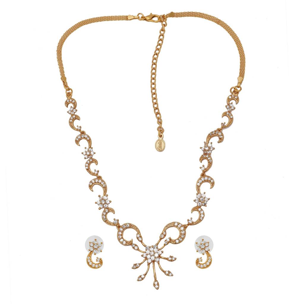Estele Gold Plated Stylish White American Diamond Nakshatra Swirl Necklace Set For Girls & Women : AD-438NKER