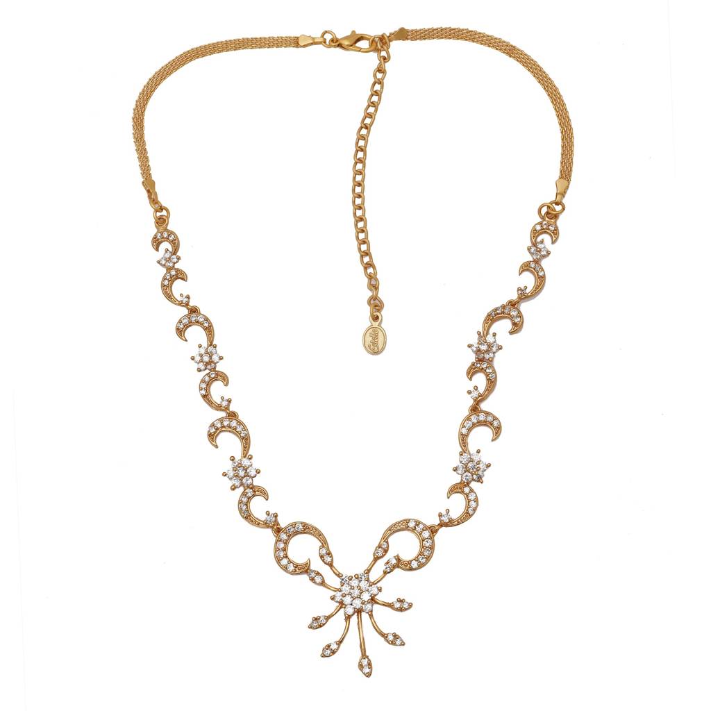 Estele Gold Plated Stylish White American Diamond Nakshatra Swirl Necklace Set For Girls & Women : AD-438NKER