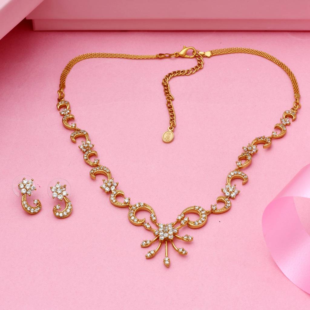 Estele Gold Plated Stylish White American Diamond Nakshatra Swirl Necklace Set For Girls & Women : AD-438NKER