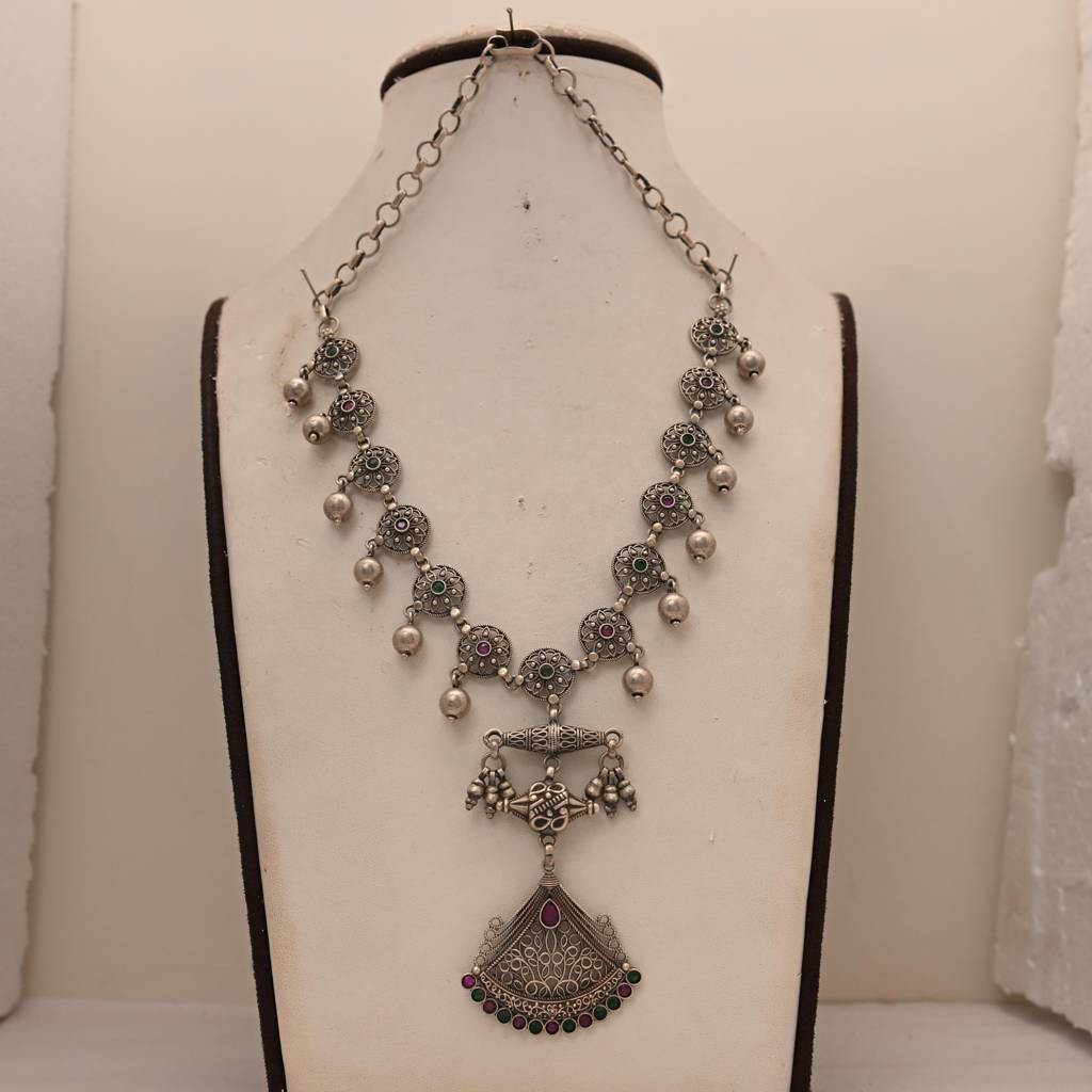 925 Pure Silver Antique Elegant Necklace | Oxidized Silver Long Coin Necklace : NL1025A