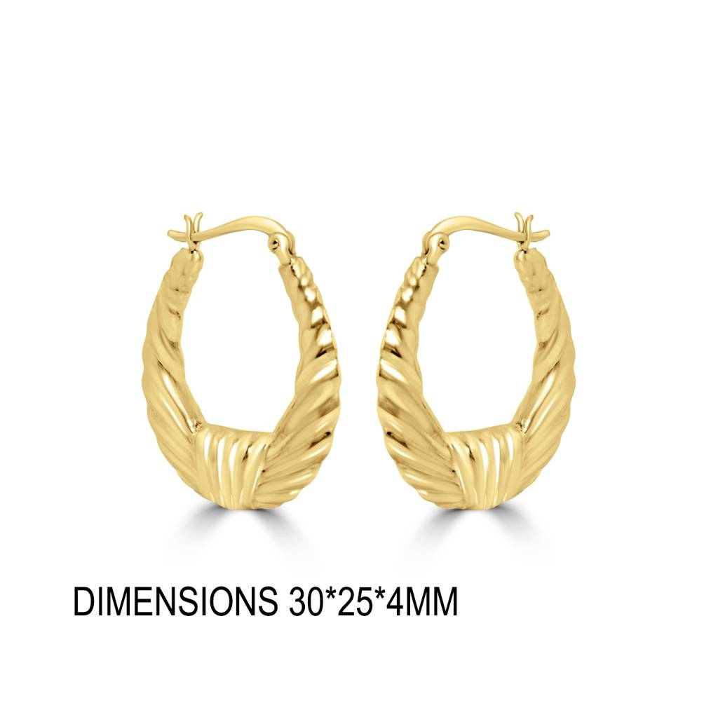 925 Sterling Silver Golden Oval Craved Hoop Earrings : TWP1237
