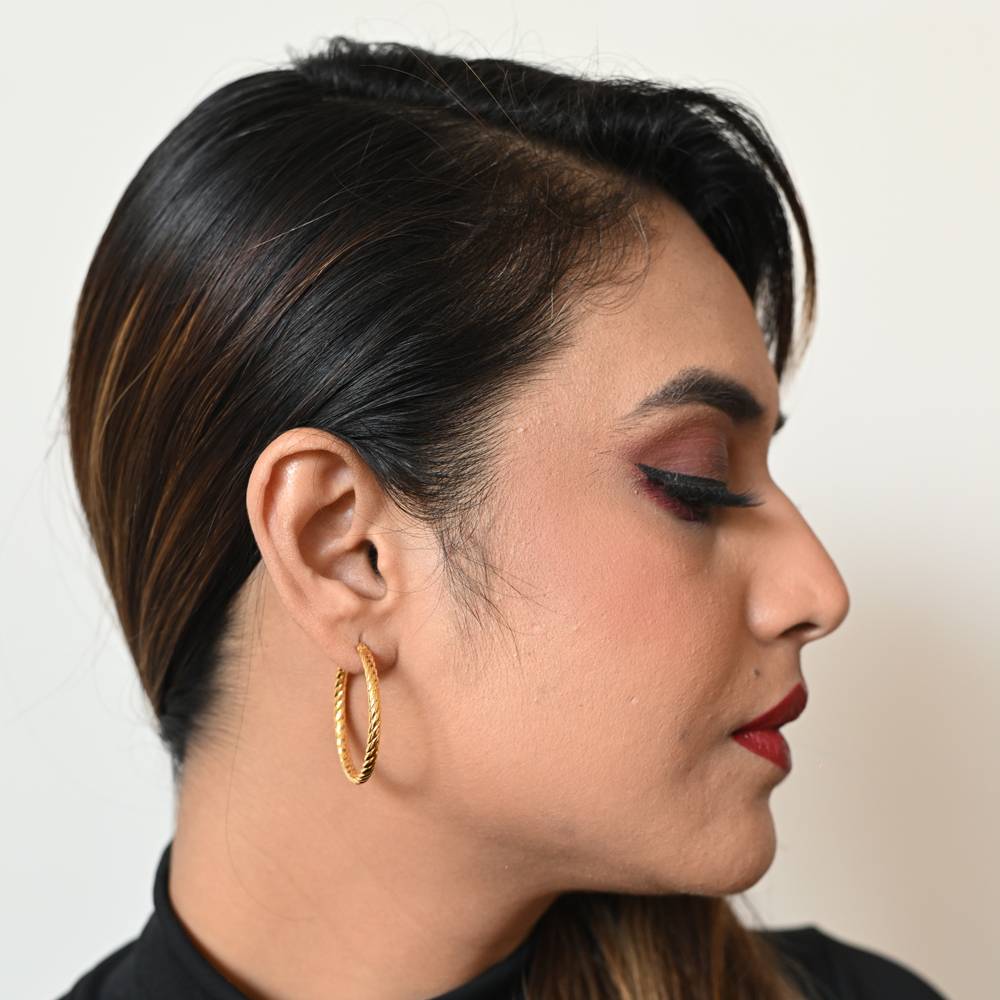 925 Pure Silver Gold Plated Textured Robed Hoop Earrings : TWP1233