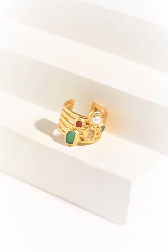 22kt Gold Plated Multicolored Rough Stone Adjustable Coil Ring