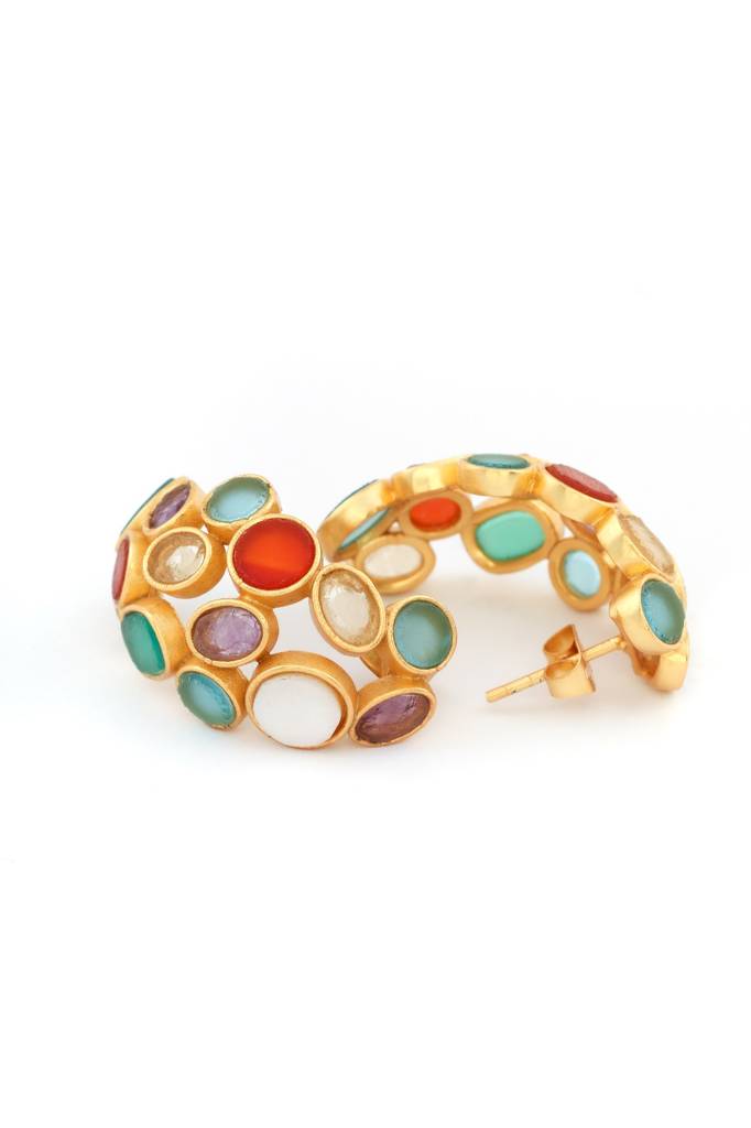 22Kt Gold Plated Multicolored Rough Stone Navratan Earrings