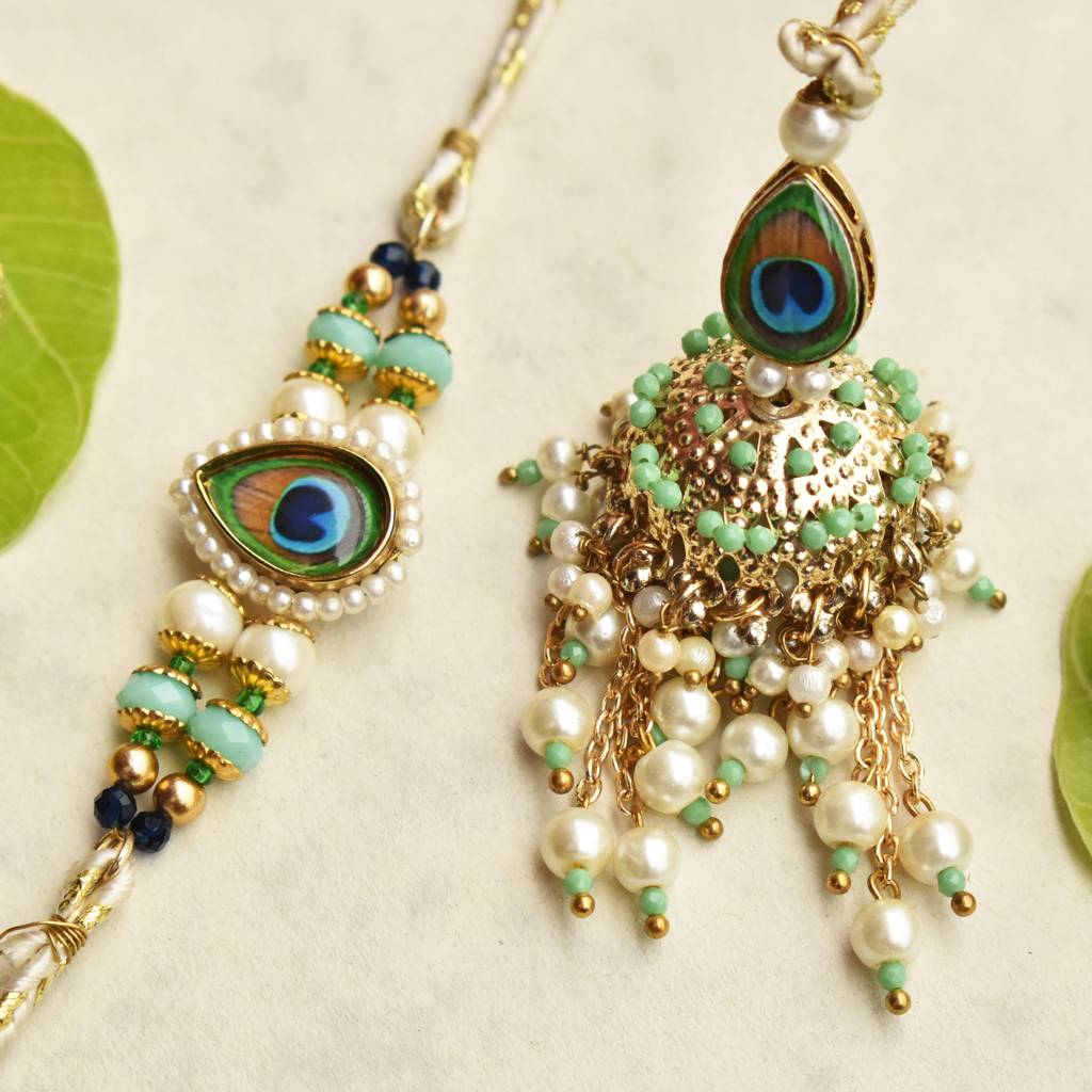 Peacock Glory Rakhi & Jhoomar Lumba Set With Roli Chawal Capsules : ACRL077ACJR091