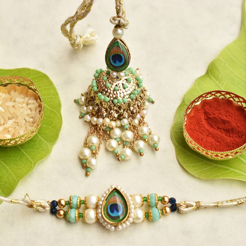 Peacock Glory Rakhi & Jhoomar Lumba Set With Roli Chawal Capsules : ACRL077ACJR091
