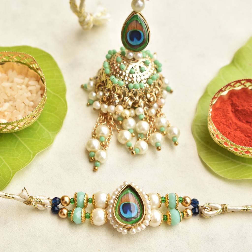 Peacock Glory Rakhi & Jhoomar Lumba Set With Roli Chawal Capsules : ACRL077ACJR091