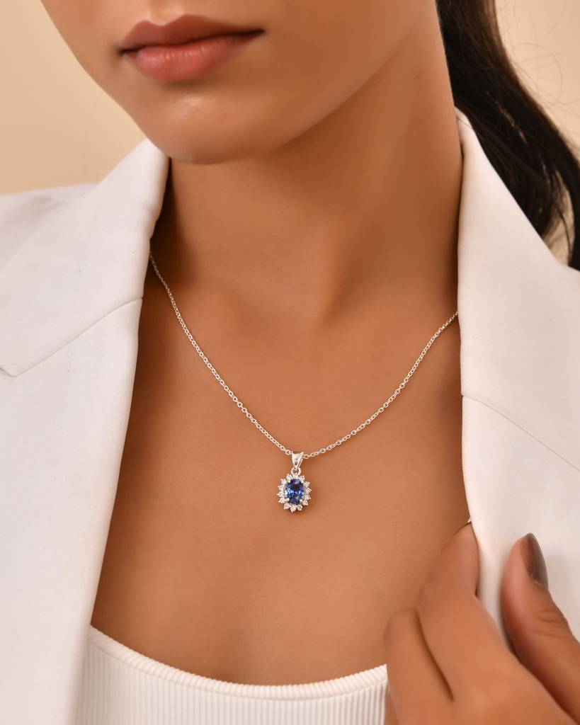 Blue Oval Halo Pendant Necklace : JEW-PCH-SLV-010