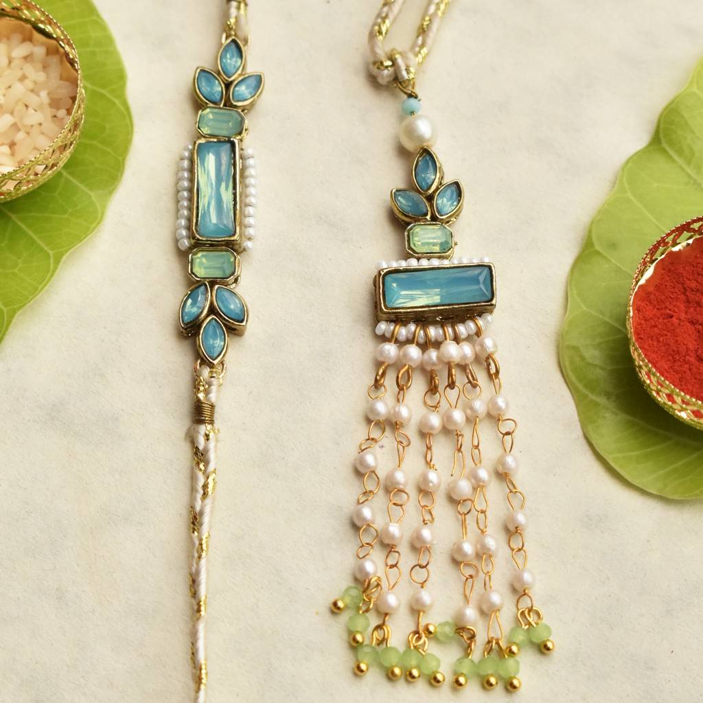 Ocean Bloom & Aqua Blossom Rakhi-Lumba Set With Roli Chawal Capsules : ACRL078ACJR094