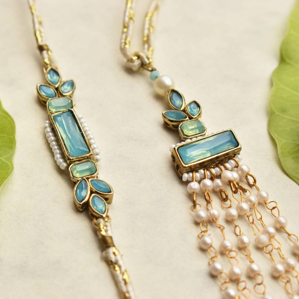 Ocean Bloom & Aqua Blossom Rakhi-Lumba Set With Roli Chawal Capsules : ACRL078ACJR094