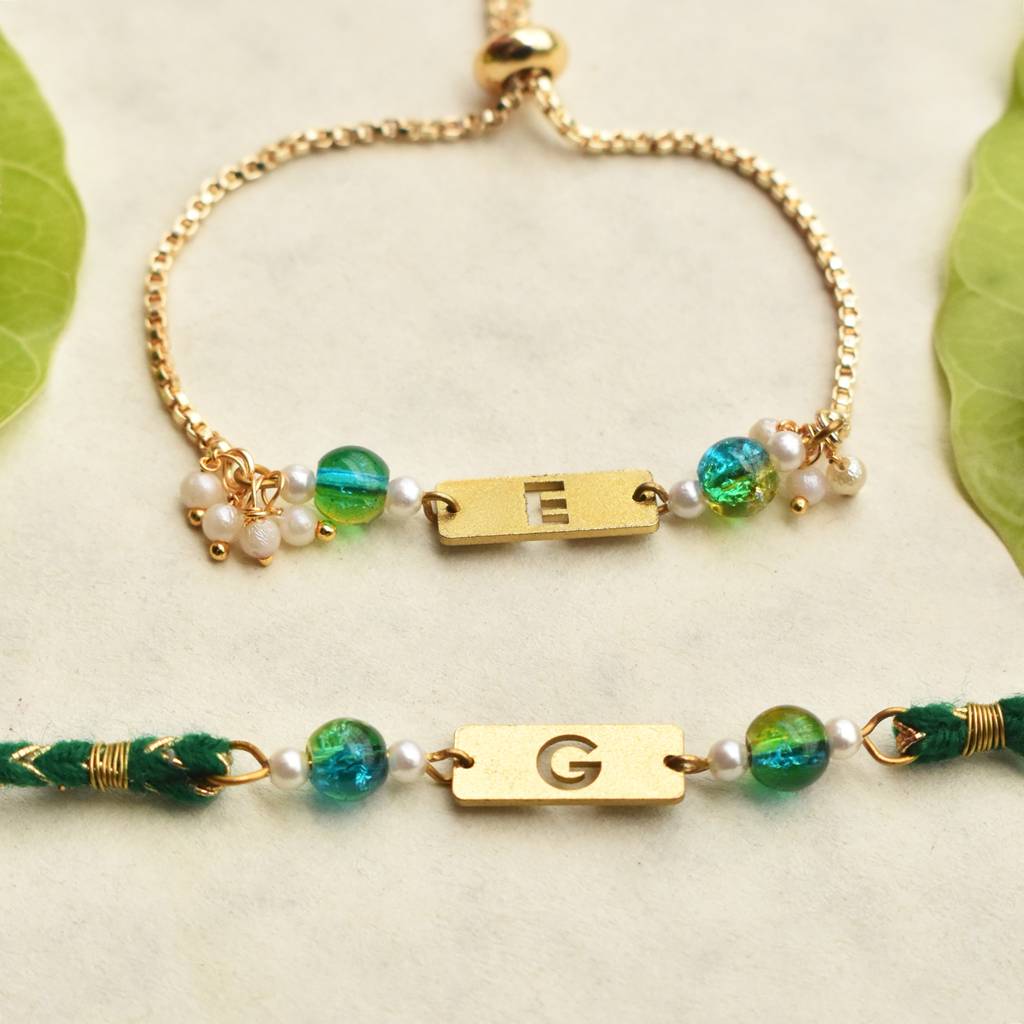 Green Grace & Pearl Charm Personalised Rakhi-Lumba Set With Roli Chawal Capsules : ACRL076ACJR093
