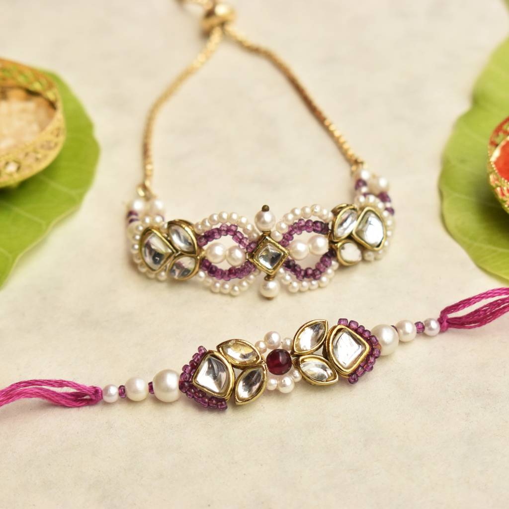 Kundan Noor & Infinity Rakhi-Lumba Set With Roli Chawal Capsules : ACRL082ACJR096