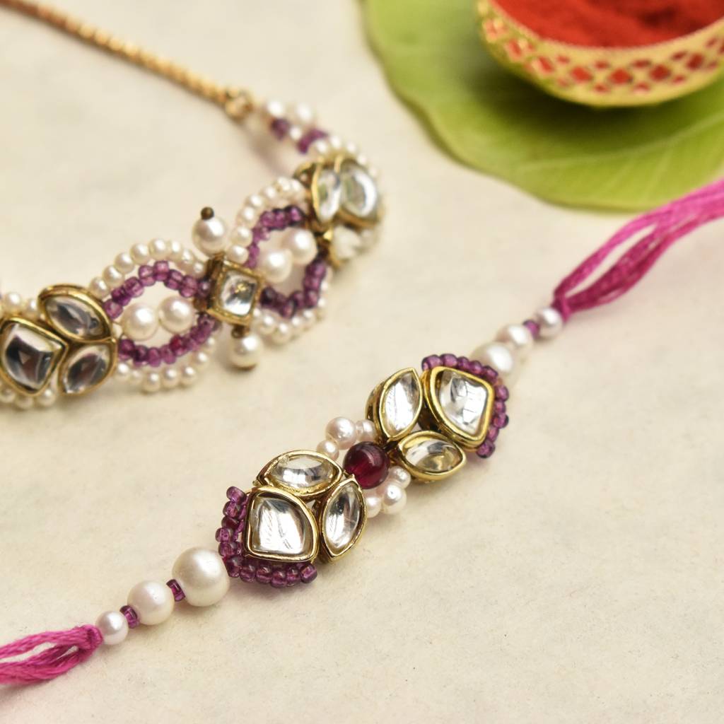 Kundan Noor & Infinity Rakhi-Lumba Set With Roli Chawal Capsules : ACRL082ACJR096