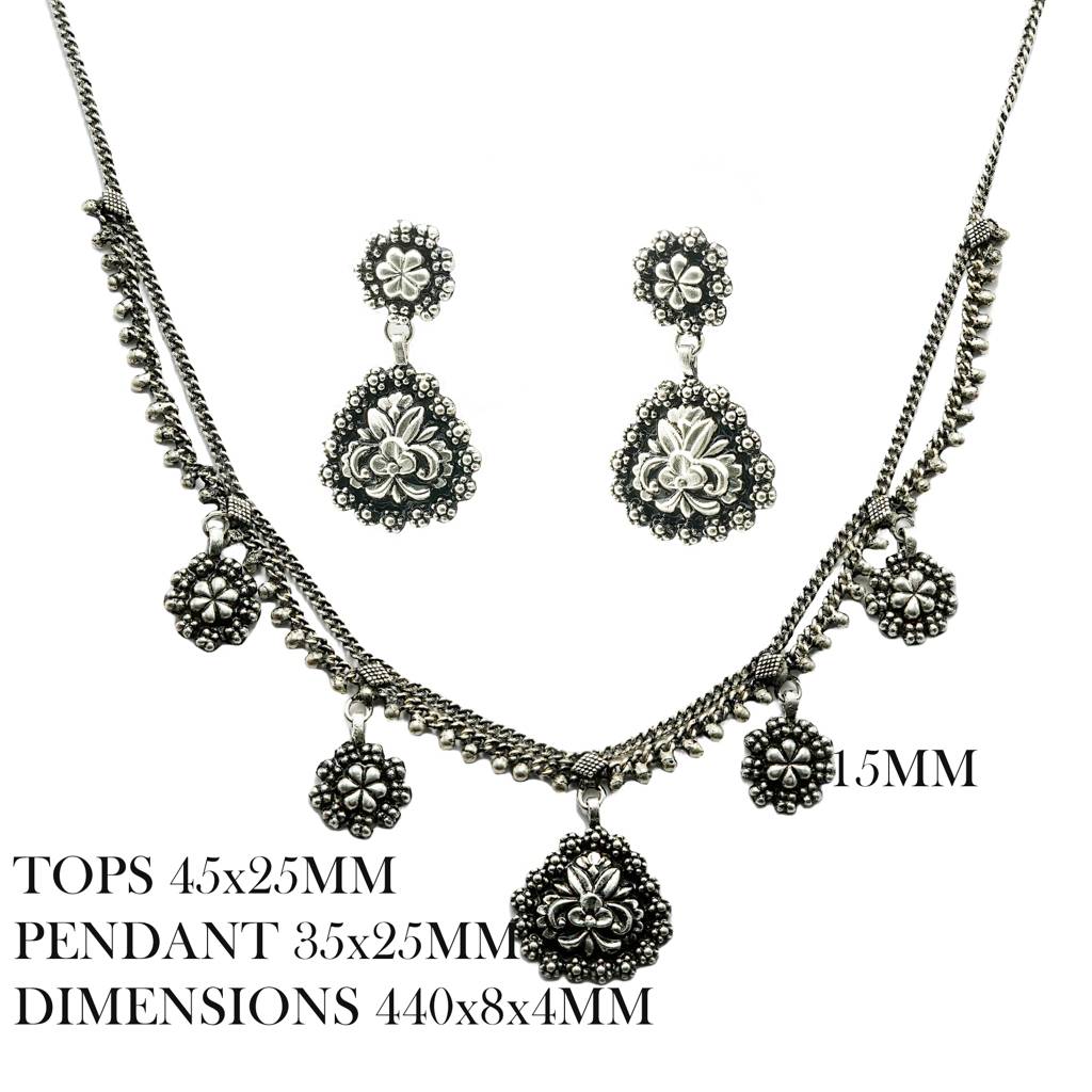 925 Pure Silver Antique Necklace & Earrings Set | Oxidized Silver Necklace Set : NL1015A