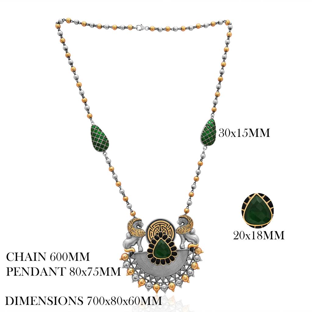 925 Pure Antique Silver Necklace | Green Stone Oxidized Necklace Set : NL1035