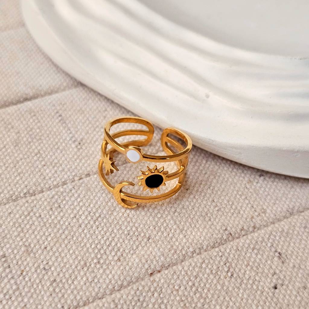 Dainty Sun Moon Star Open Adjustable Gold Plated Ring : TAA-9708560974102-RING