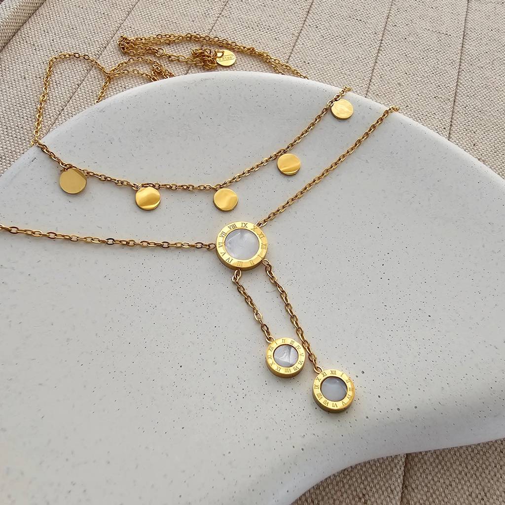 Double Layered Mother Of Pearl Necklace Gold Stainless Steel