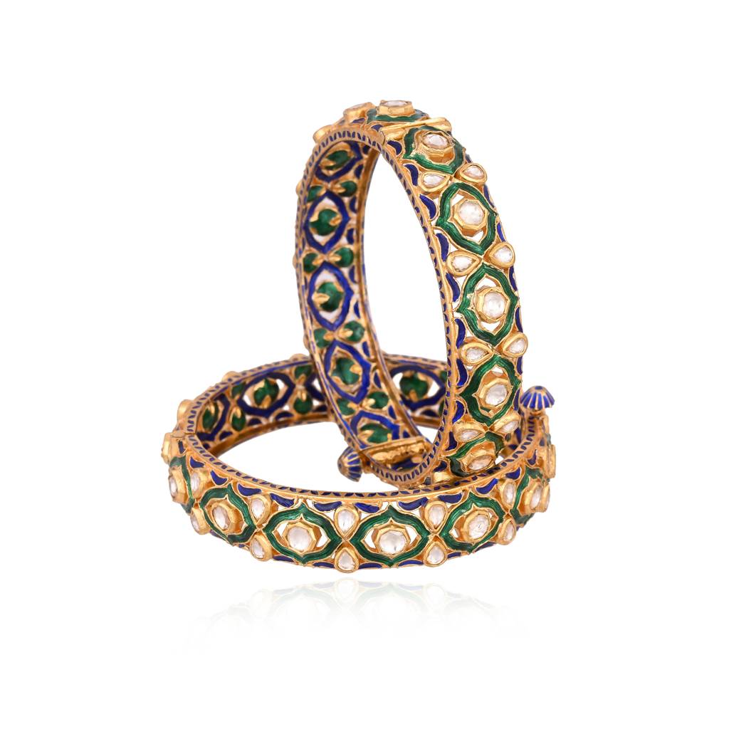 Noor-E-Gul Jadau Polki Bangles With Green Meenakari : E-BRA-30