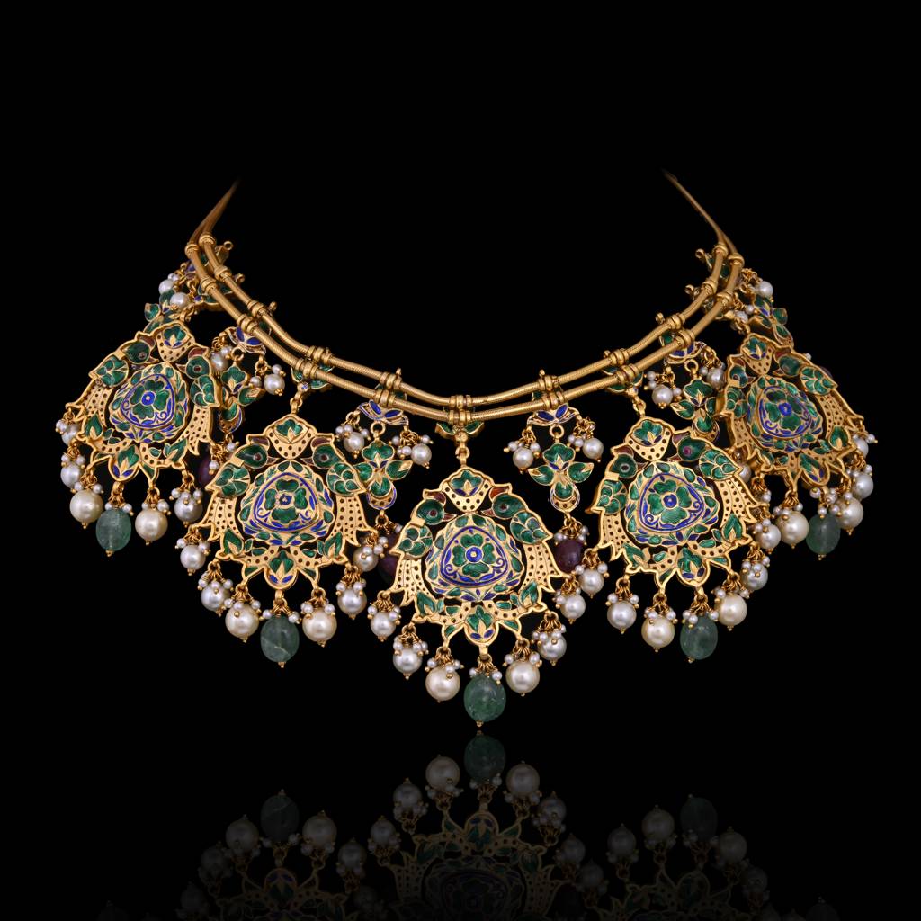 Taj Rang Peackock Inspired Necklace Set With Meenakari : E-CH-23