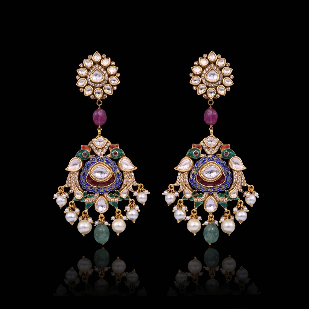 Taj Rang Peackock Inspired Necklace Set With Meenakari : E-CH-23