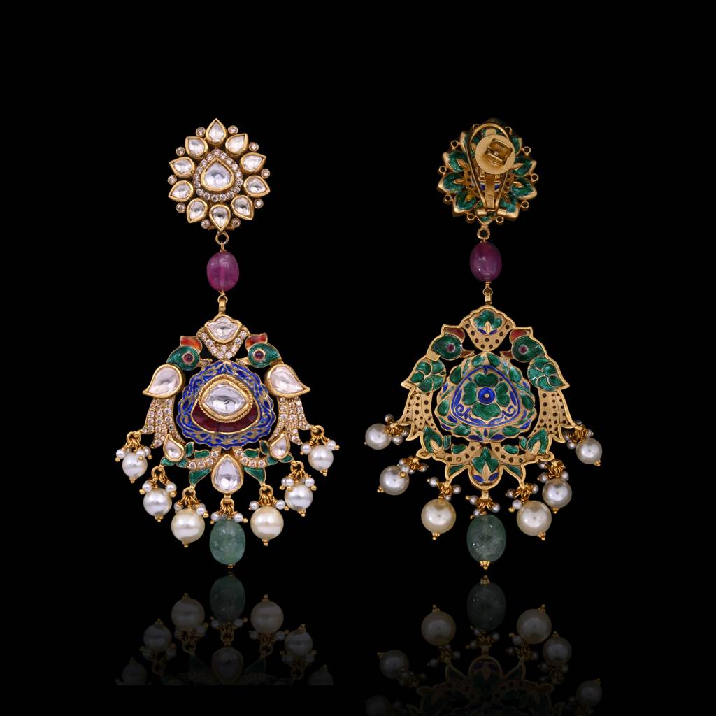 Taj Rang Peackock Inspired Necklace Set With Meenakari : E-CH-23