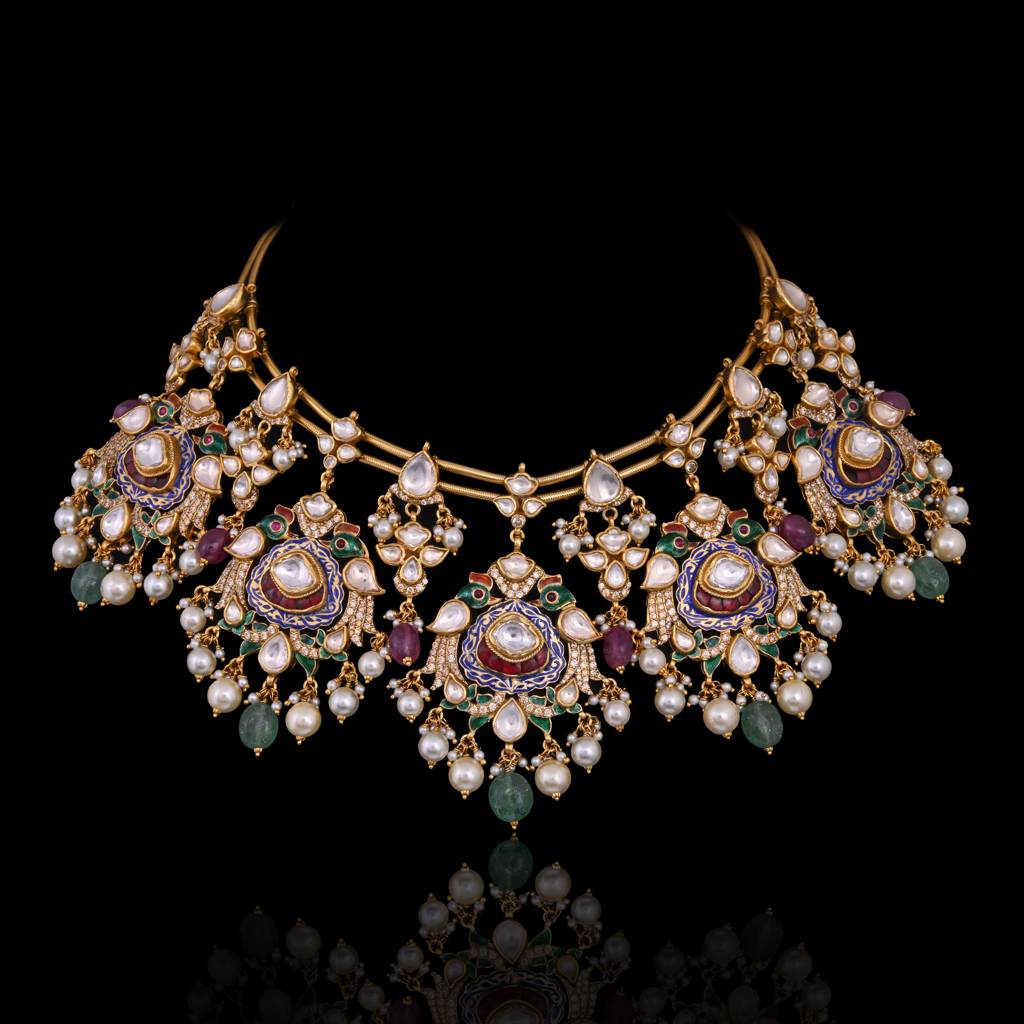 Taj Rang Peackock Inspired Necklace Set With Meenakari : E-CH-23