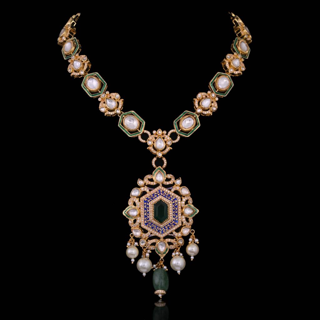 Naveli Hexa Jadau Necklace Set With Real Meenakari : E-L-105