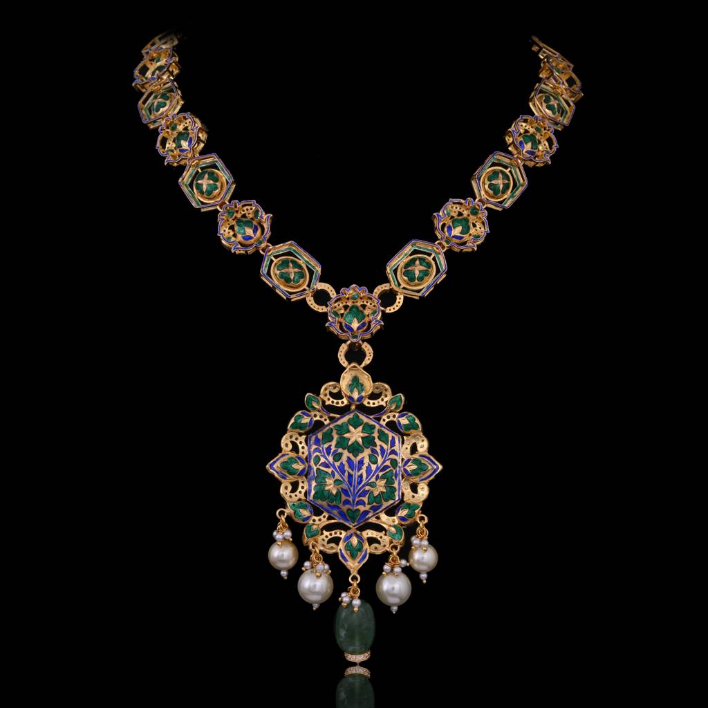 Naveli Hexa Jadau Necklace Set With Real Meenakari : E-L-105