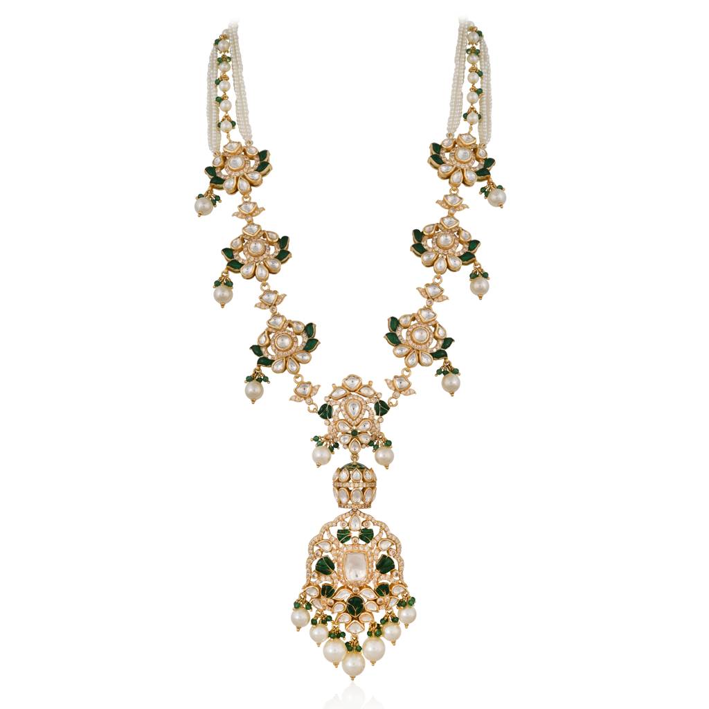 Indulekha Bloom Green Line Necklace In Jadau With Real Meenakari : E-L-12