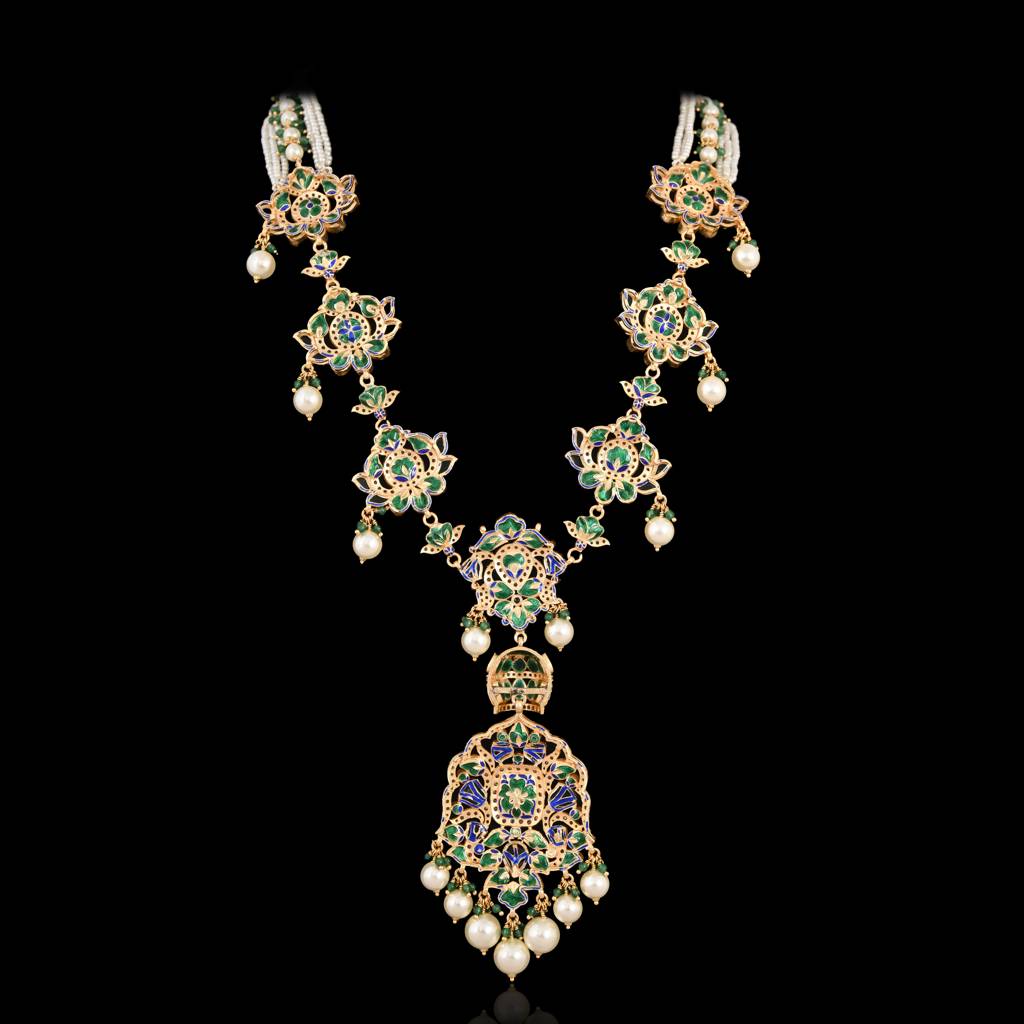 Indulekha Bloom Green Line Necklace In Jadau With Real Meenakari : E-L-12