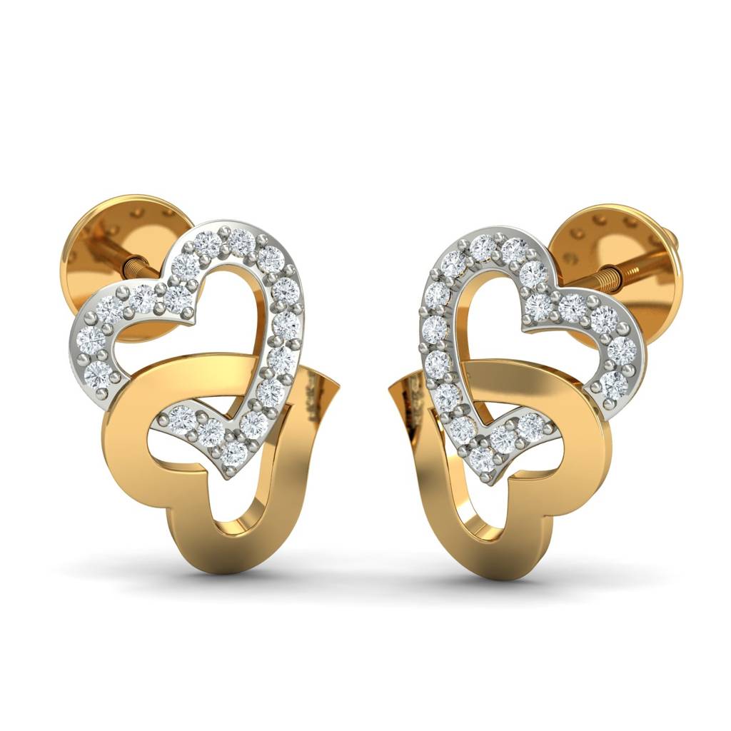 KuberBox 18K Yellow Gold Studded Heart Stud Earrings