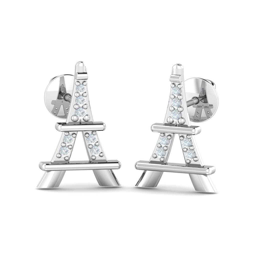 KuberBox 18K White Gold Eiffel Tower Earrings