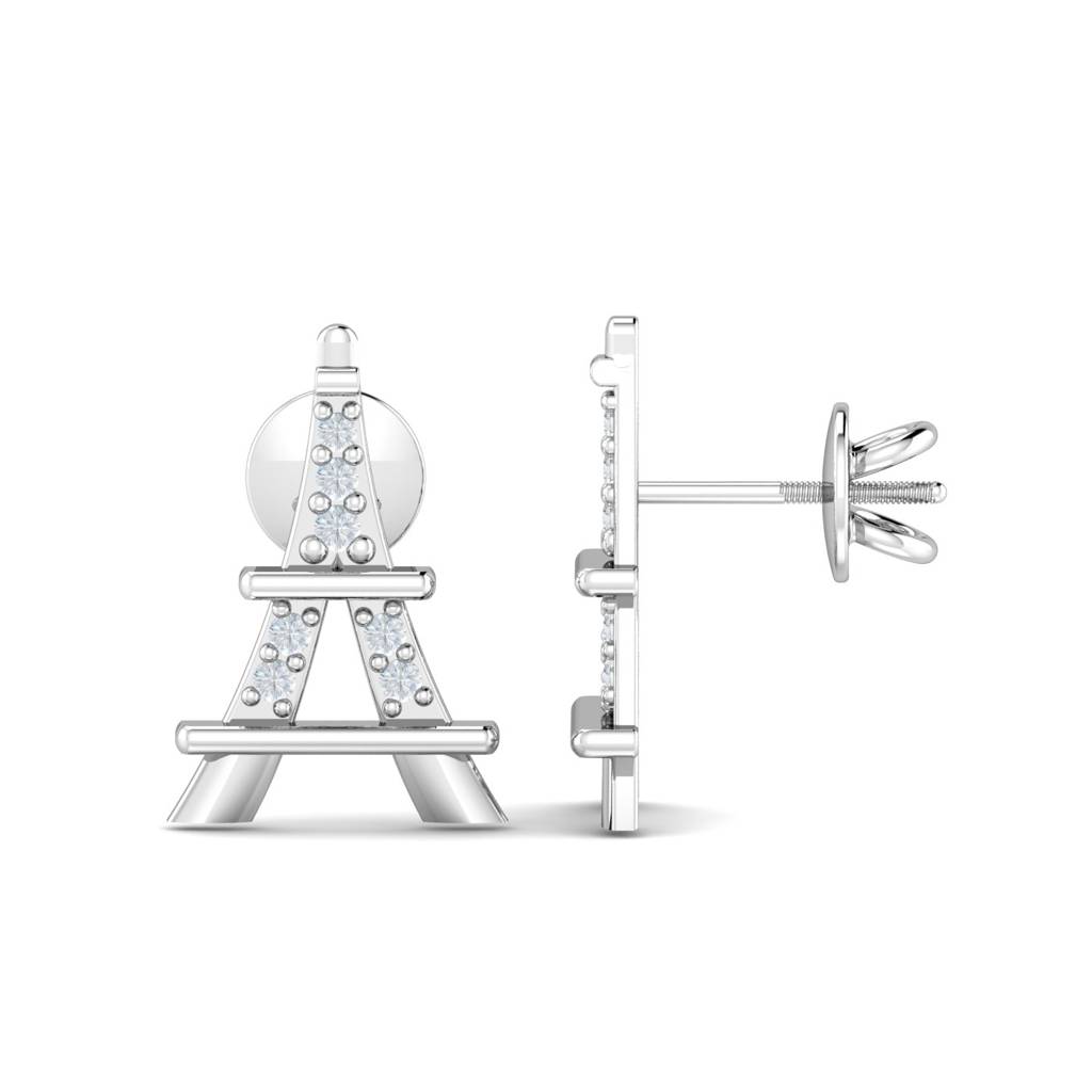 KuberBox 18K White Gold Eiffel Tower Earrings