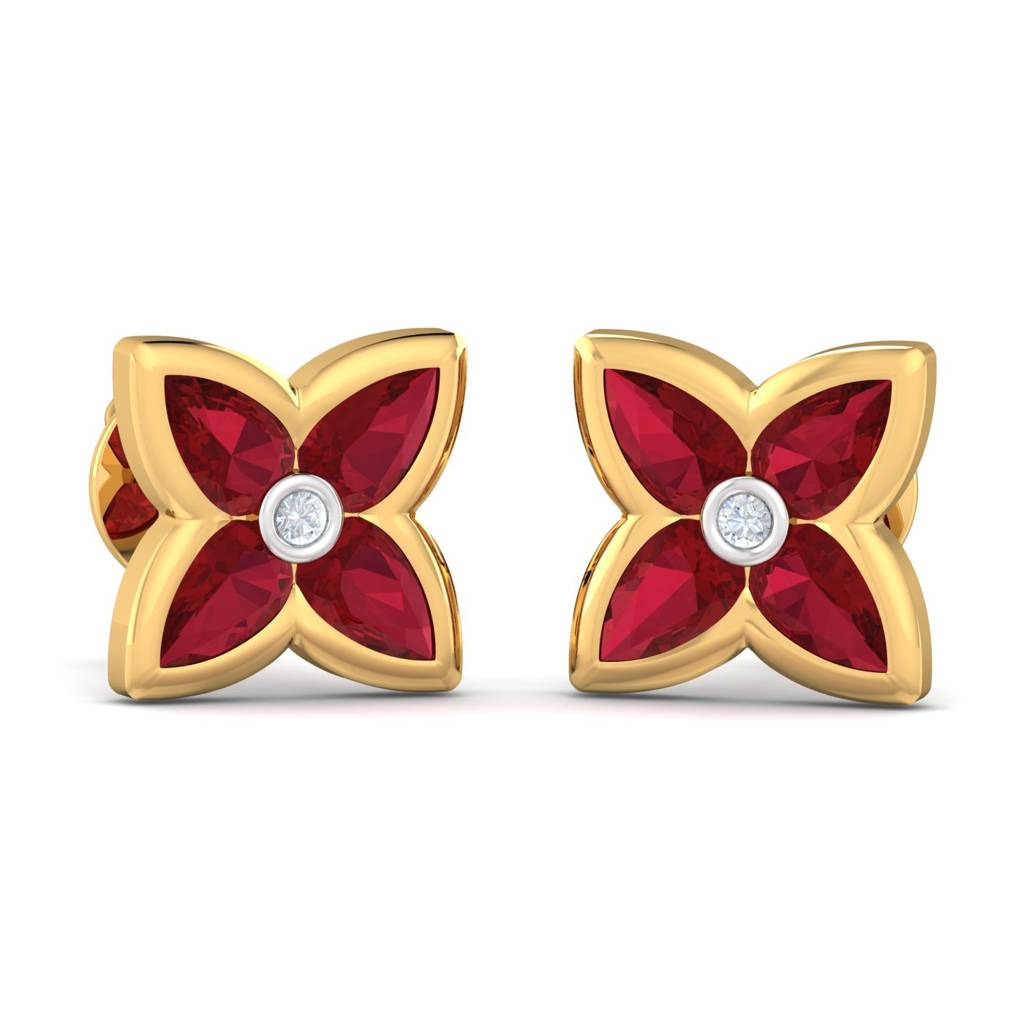 KuberBox 18K Yellow Gold Avital  Red Stud Earrings