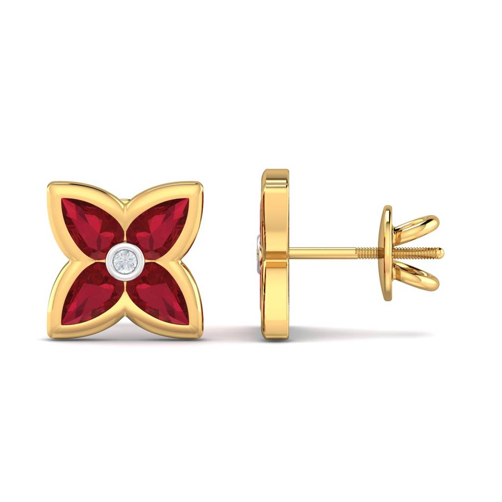 KuberBox 18K Yellow Gold Avital  Red Stud Earrings