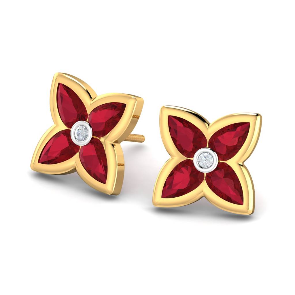 KuberBox 18K Yellow Gold Avital  Red Stud Earrings