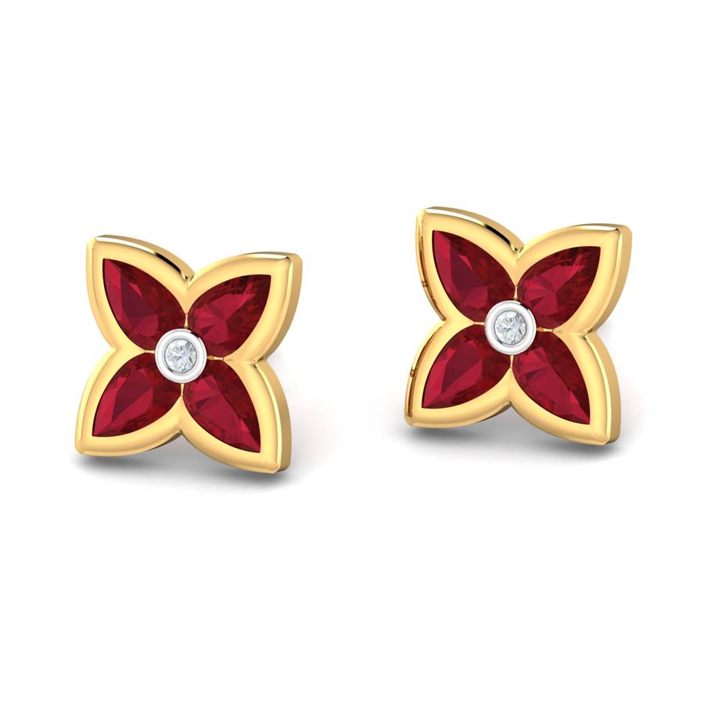 KuberBox 18K Yellow Gold Avital  Red Stud Earrings