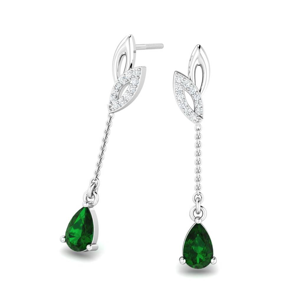 KuberBox 18K White Gold Ayala Green Long Earrings