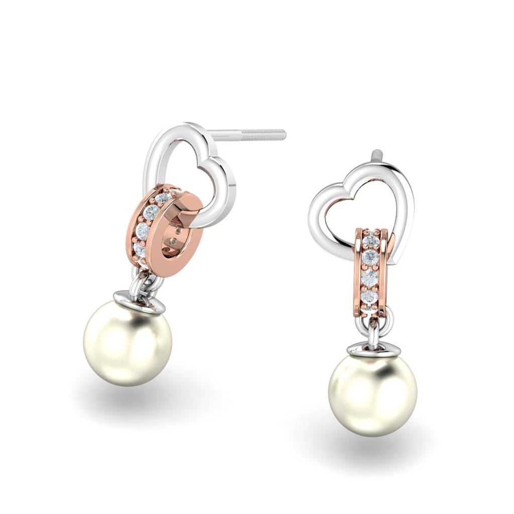 KuberBox 18K White Gold Clasped Heart Pearl Earrings