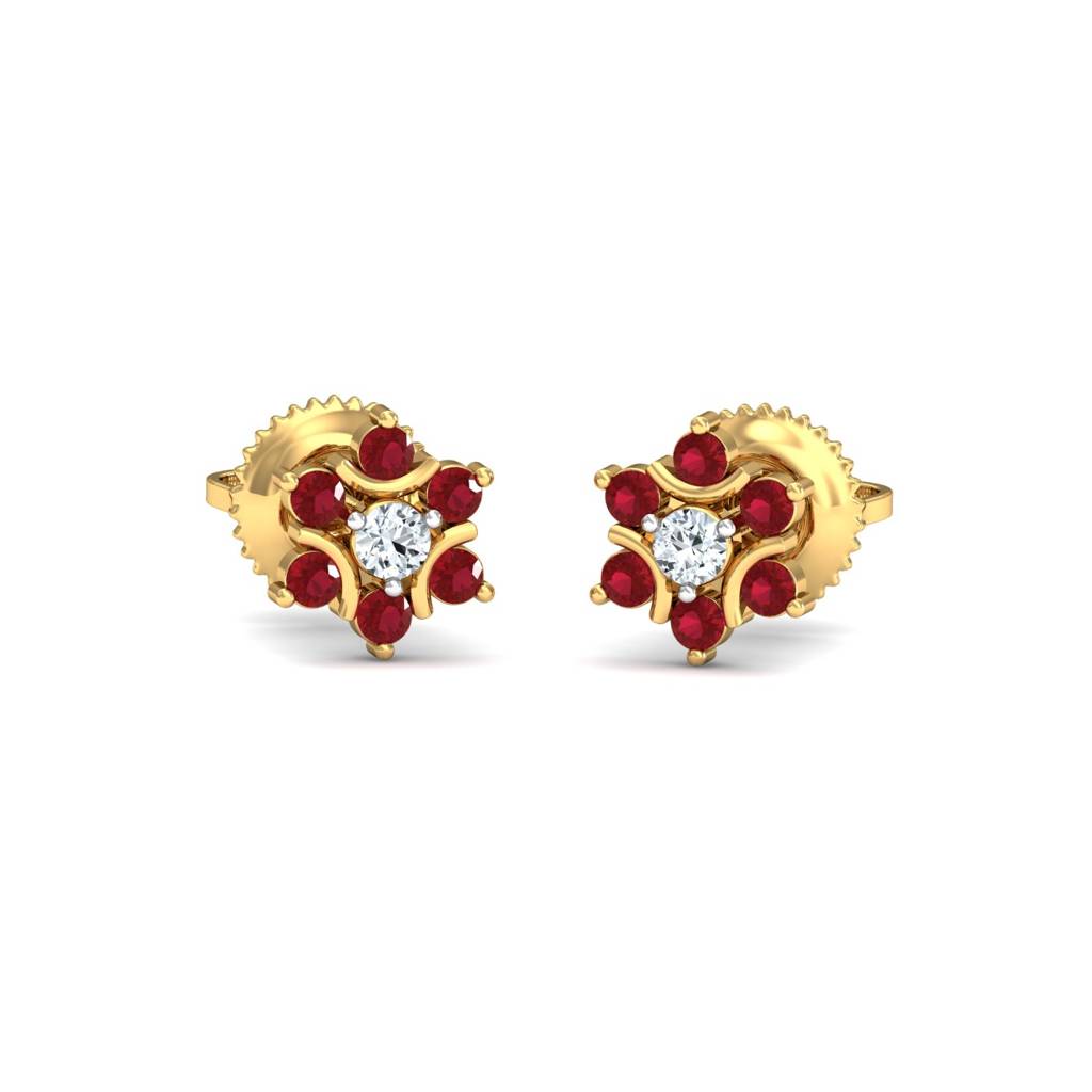 KuberBox 18K Yellow Gold Klass Ruby Stud Earrings